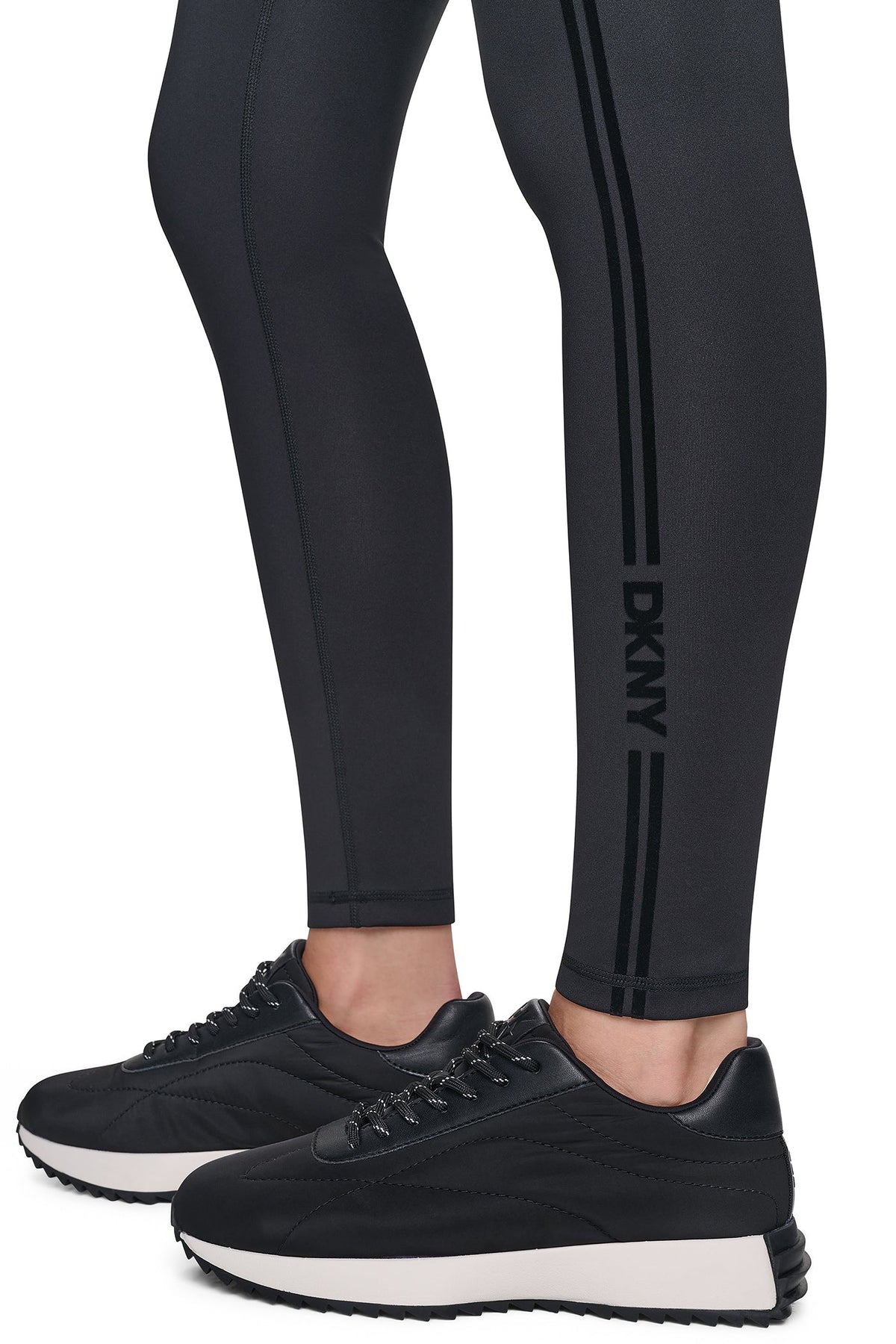 Black DKNY HIGH-RISE FLOCKED STRIPE LOGO 7/8 LENGTH LEGGING