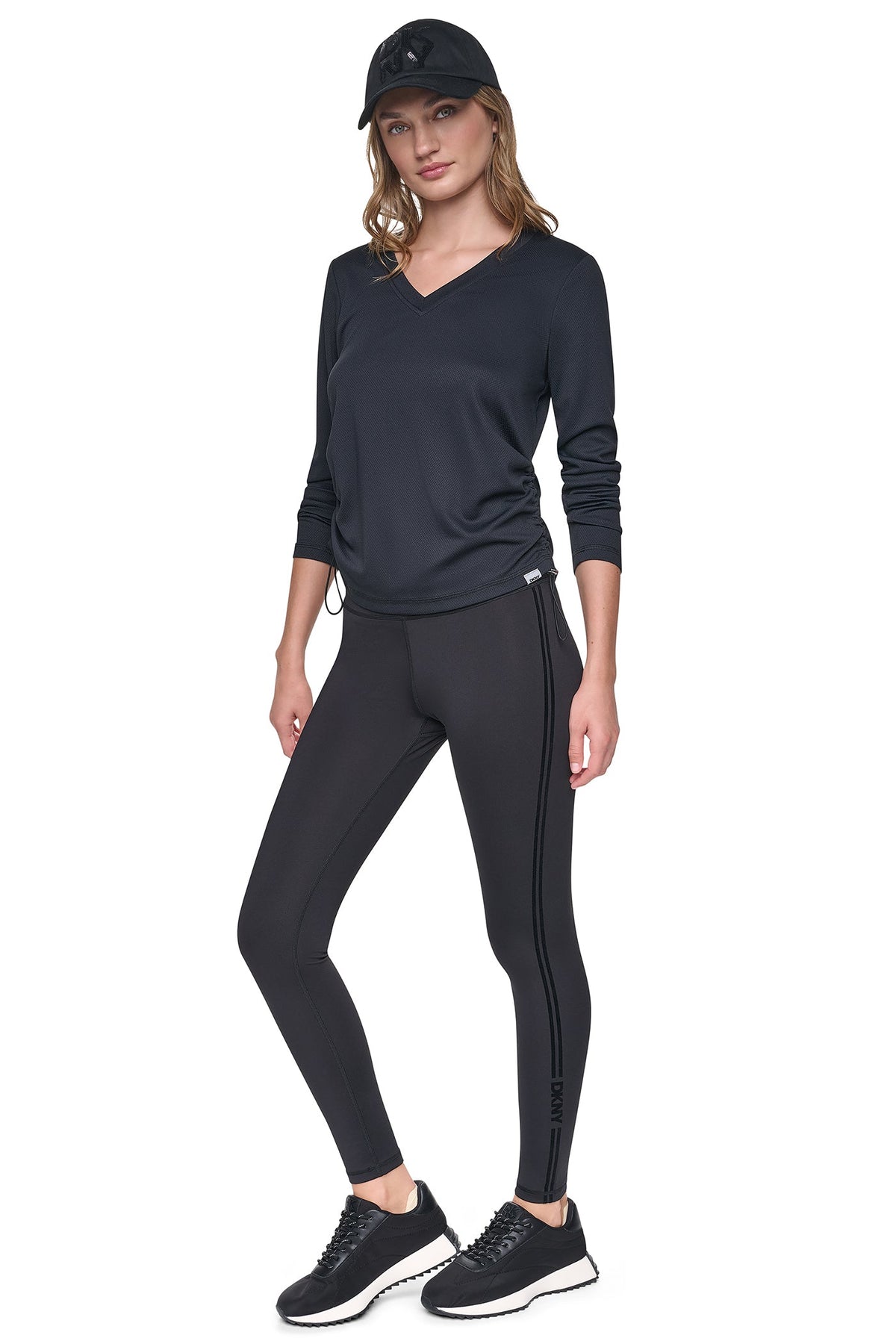 Black DKNY HIGH-RISE FLOCKED STRIPE LOGO 7/8 LENGTH LEGGING