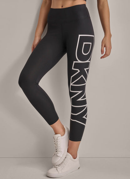 Black/Silver DKNY HIGH-RISE LOGO 7/8 LENGTH LEGGING