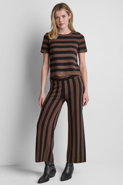 Chestnut/Black DKNY HIGH-RISE STRIPED PULL-ON FLARE PANT