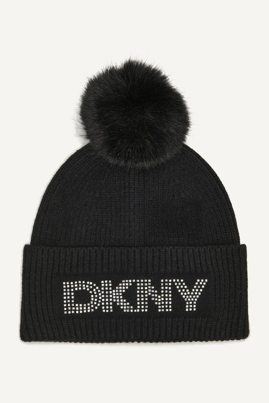 Black DKNY DISCO DKNY FAUX FUR POM HAT