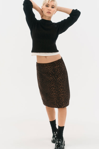 Panthera Chestnut DKNY LEOPARD FAUX SUEDE MIDI SKIRT