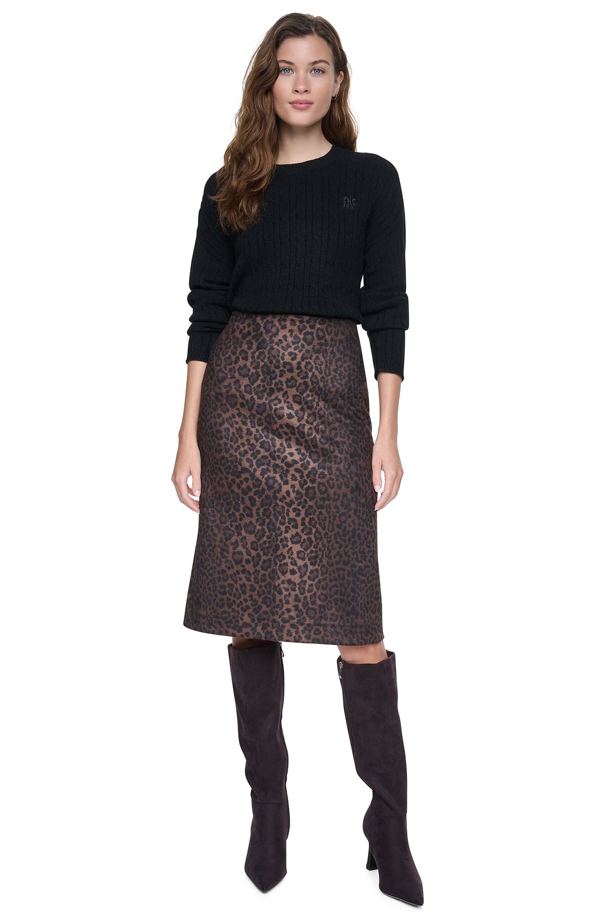 Panthera Chestnut DKNY LEOPARD FAUX SUEDE MIDI SKIRT