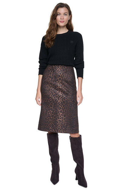 Panthera Chestnut DKNY LEOPARD FAUX SUEDE MIDI SKIRT
