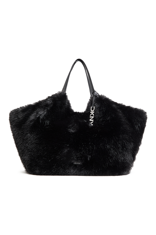 Black/Silver DKNY PAULA LARGE FAUX FUR TOTE