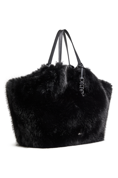 Black/Silver DKNY PAULA LARGE FAUX FUR TOTE