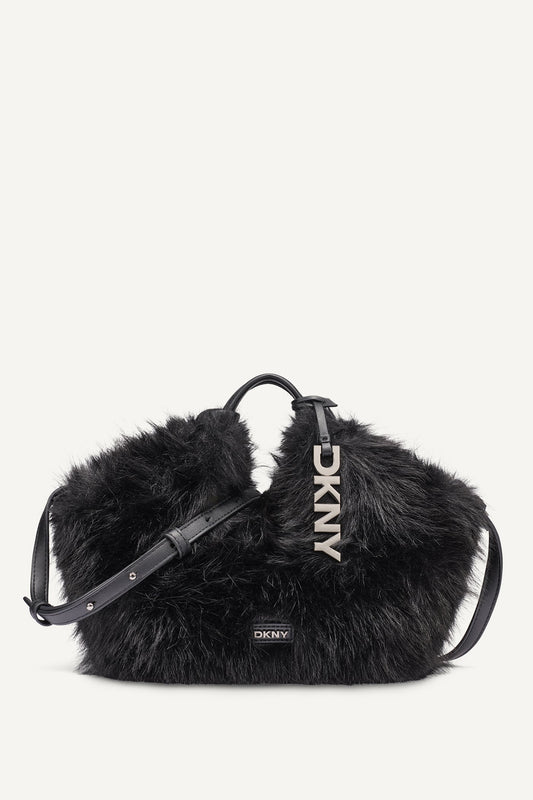 Black/Silver DKNY PAULA SMALL FAUX FUR TOTE