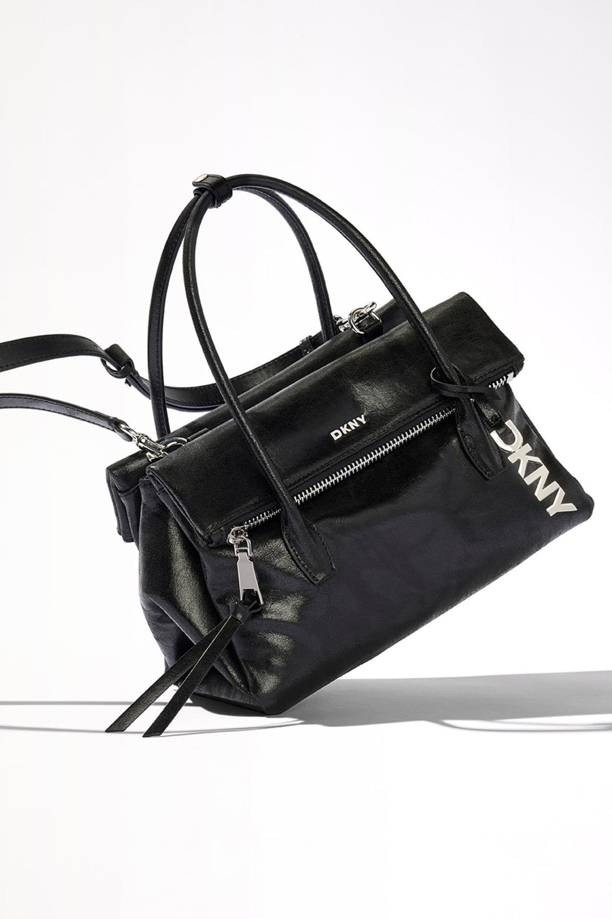 Black/Silver DKNY RIVINGTON MEDIUM LOGO SATCHEL