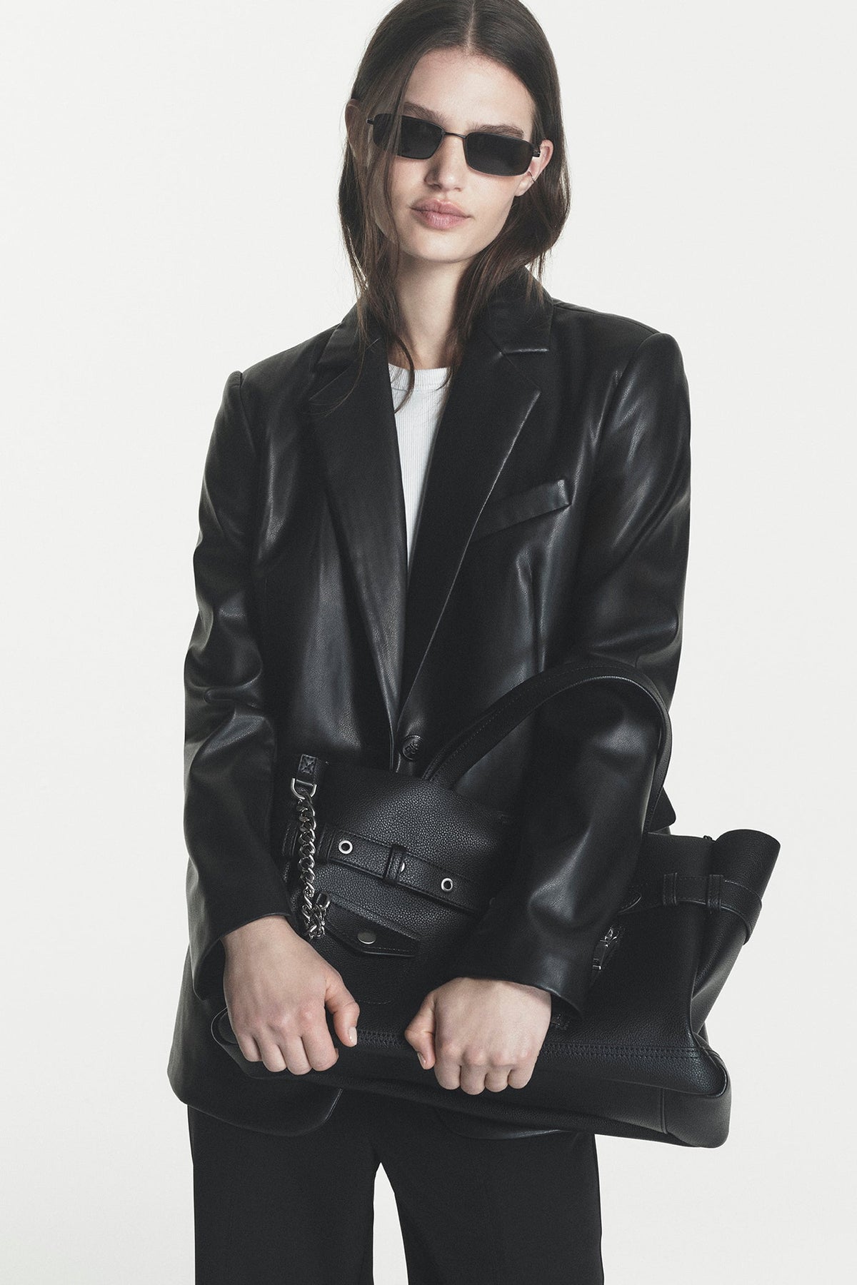 Black/Silver DKNY BRYAR LARGE MOTO SATCHEL