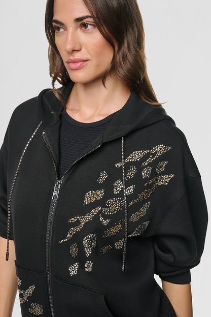 Black DKNY STUDDED ANIMAL PRINT HOODIE