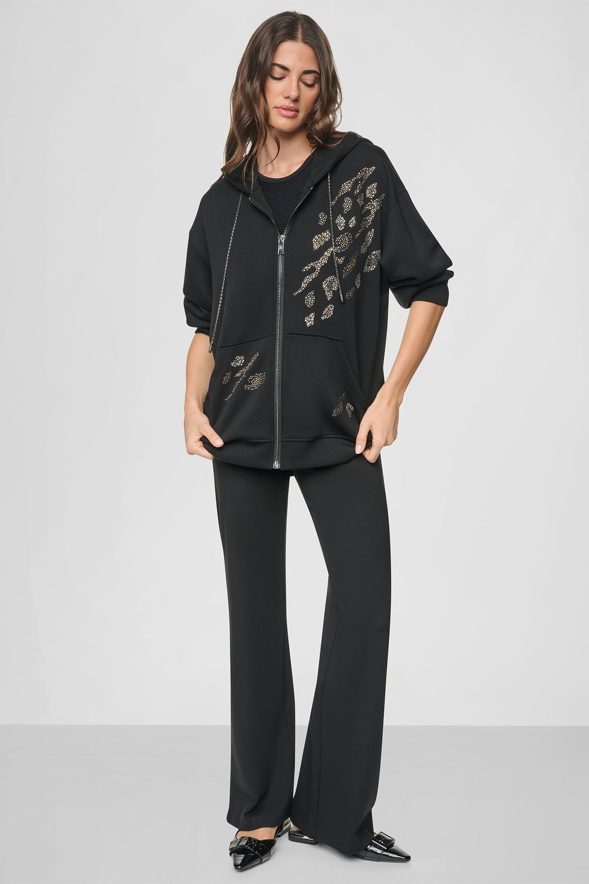 Black DKNY STUDDED ANIMAL PRINT HOODIE