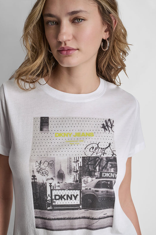 White/Black Combo DKNY DKNY PHOTOREAL LOGO CREW NECK TEE