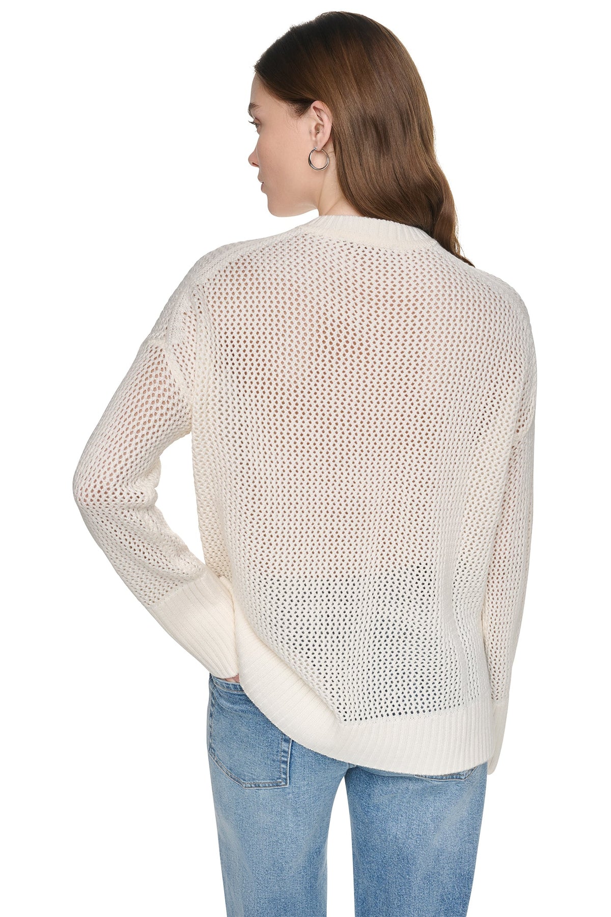 Eggnog/Travertine/Black DKNY OPEN STITCH VARSITY LOGO SWEATER