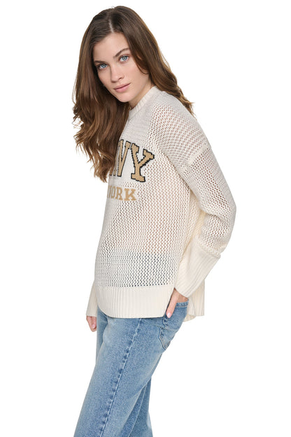 Eggnog/Travertine/Black DKNY OPEN STITCH VARSITY LOGO SWEATER