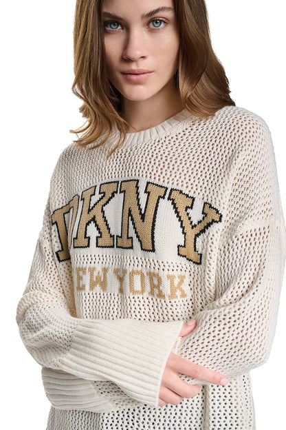 Eggnog/Travertine/Black DKNY OPEN STITCH VARSITY LOGO SWEATER