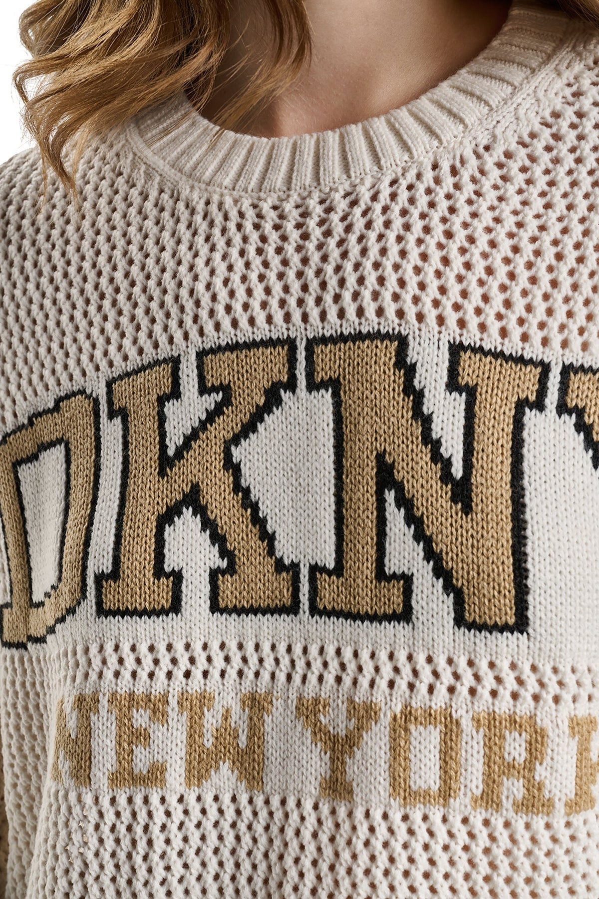 Eggnog/Travertine/Black DKNY OPEN STITCH VARSITY LOGO SWEATER