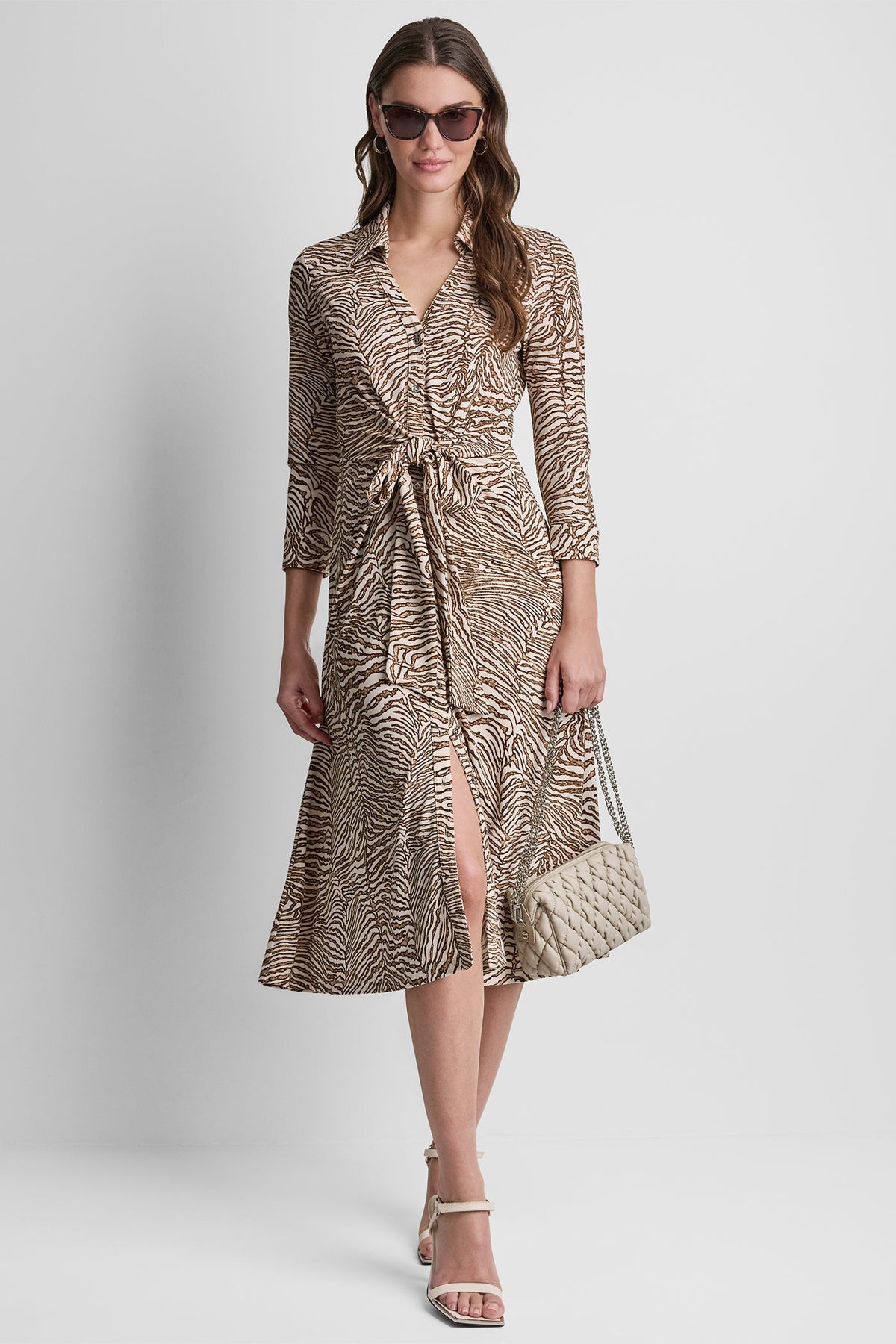 Alabaster/Truffle Multi DKNY 3/4 SLEEVE ZEBRA PRINT TIE-FRONT MIDI SHIRT DRESS