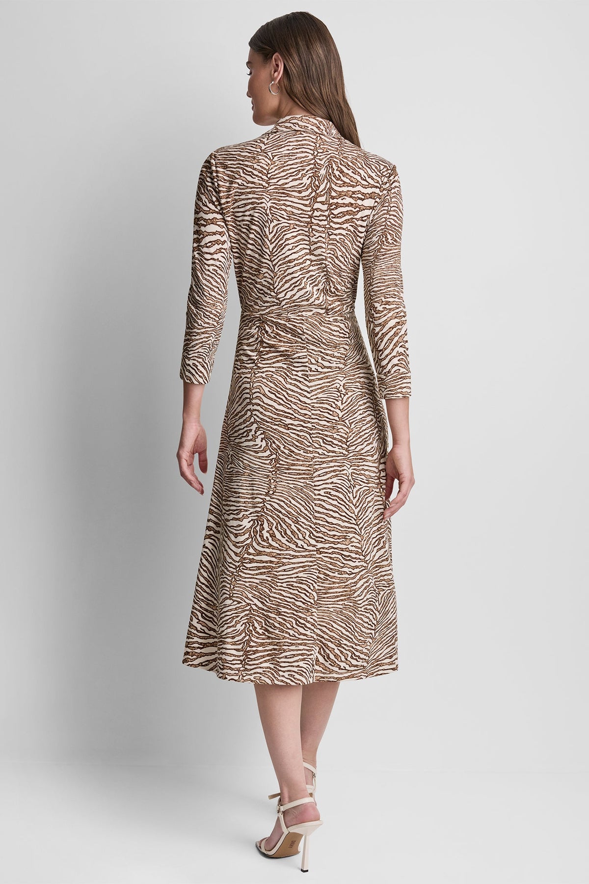 Alabaster/Truffle Multi DKNY 3/4 SLEEVE ZEBRA PRINT TIE-FRONT MIDI SHIRT DRESS