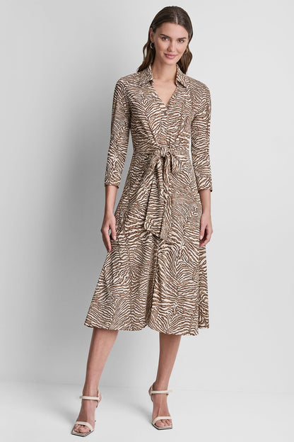 Alabaster/Truffle Multi DKNY 3/4 SLEEVE ZEBRA PRINT TIE-FRONT MIDI SHIRT DRESS