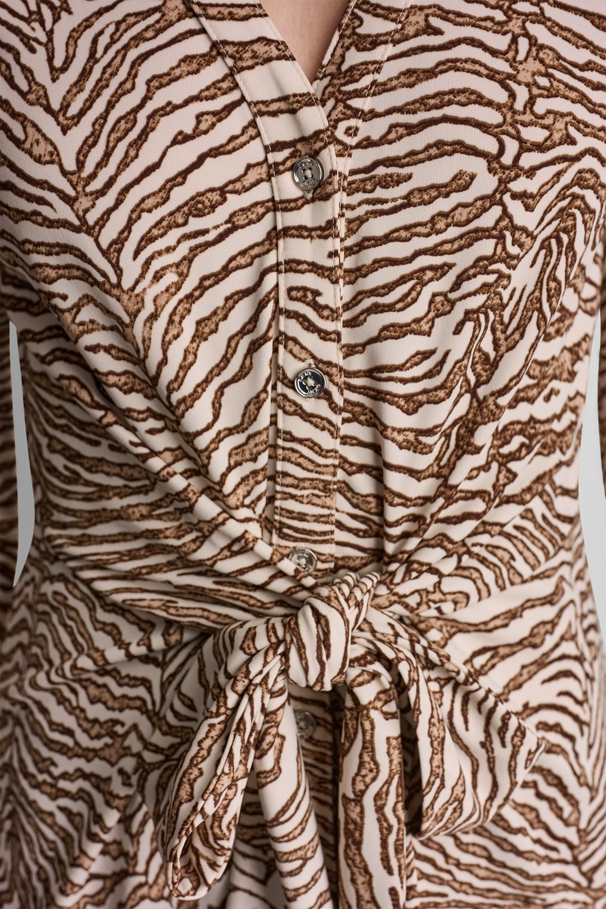 Alabaster/Truffle Multi DKNY 3/4 SLEEVE ZEBRA PRINT TIE-FRONT MIDI SHIRT DRESS