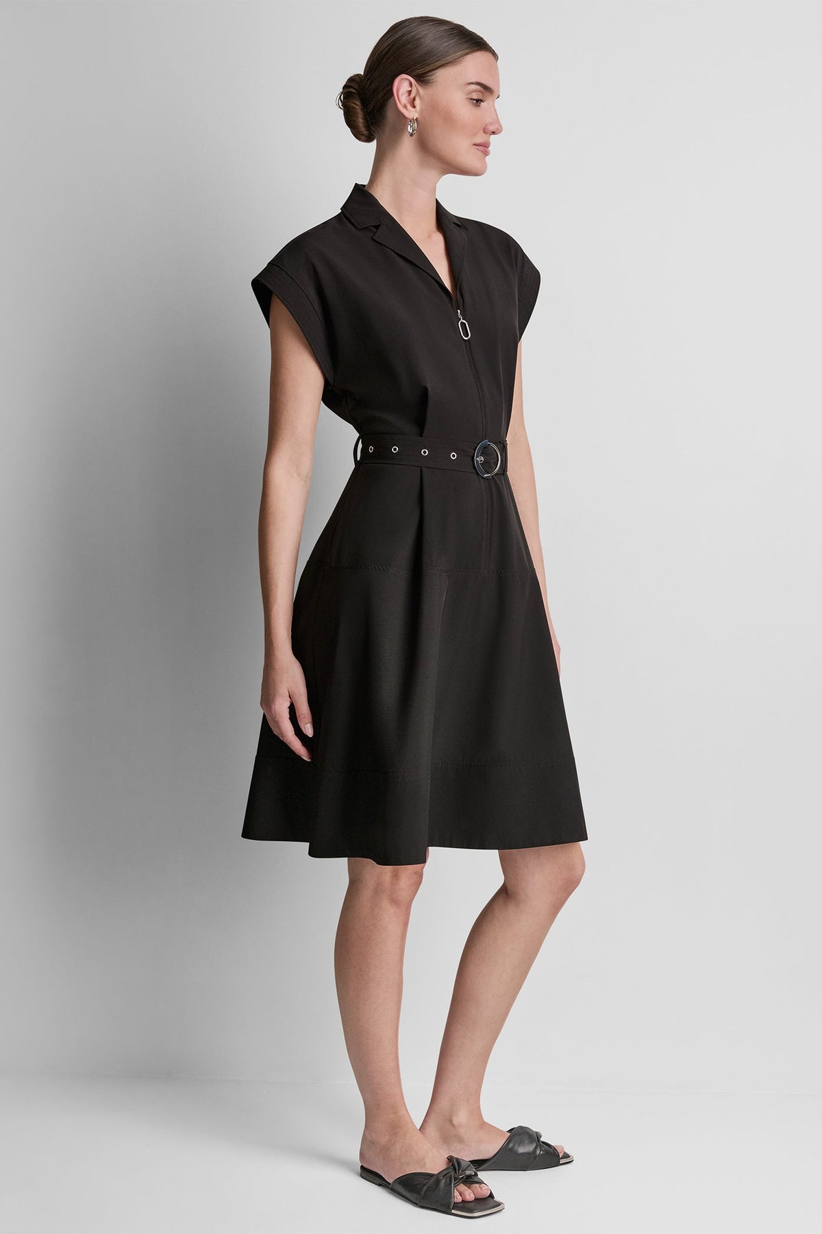 Black DKNY CAP SLEEVE ZIP-FRONT SHIRT DRESS