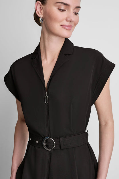Black DKNY CAP SLEEVE ZIP-FRONT SHIRT DRESS