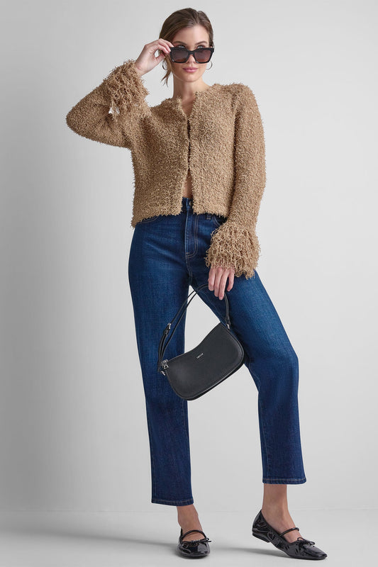 Travertine DKNY LONG SLEEVE FRINGE CARDIGAN