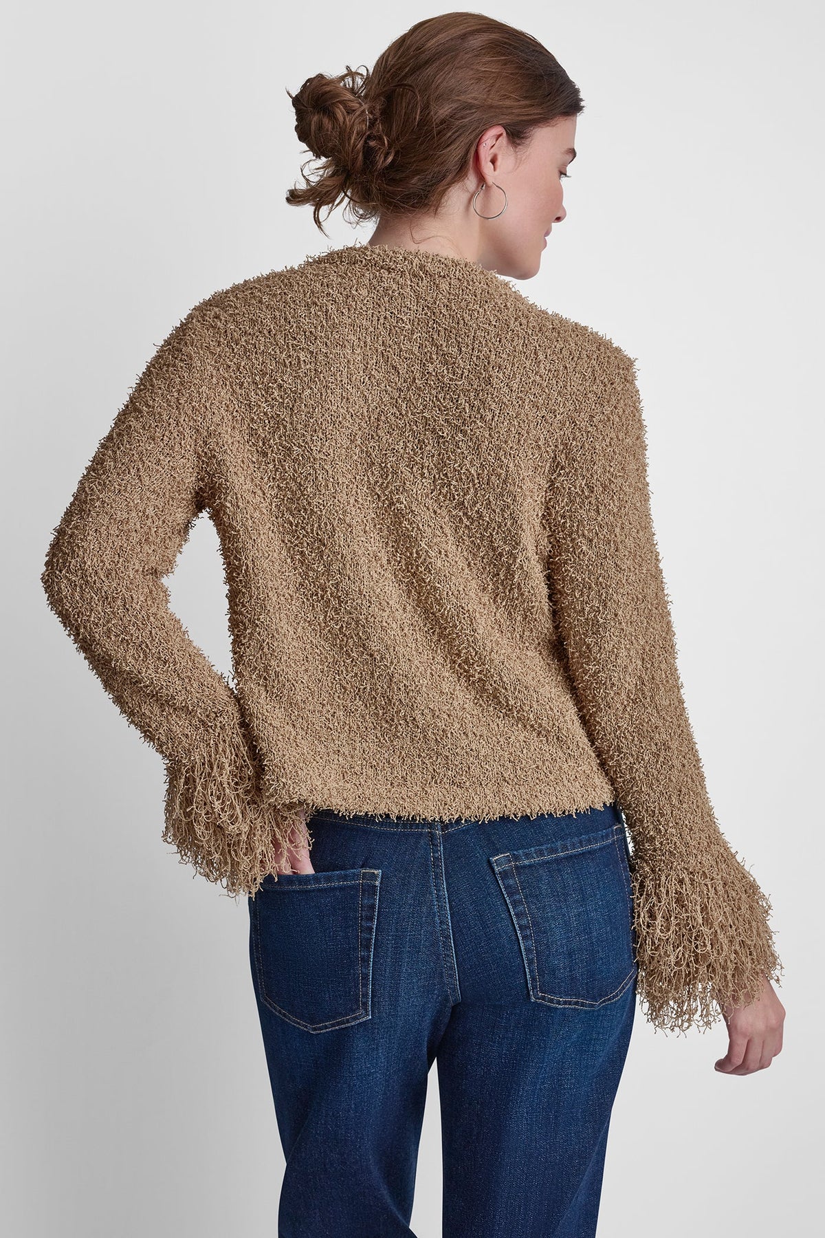 Travertine DKNY LONG SLEEVE FRINGE CARDIGAN