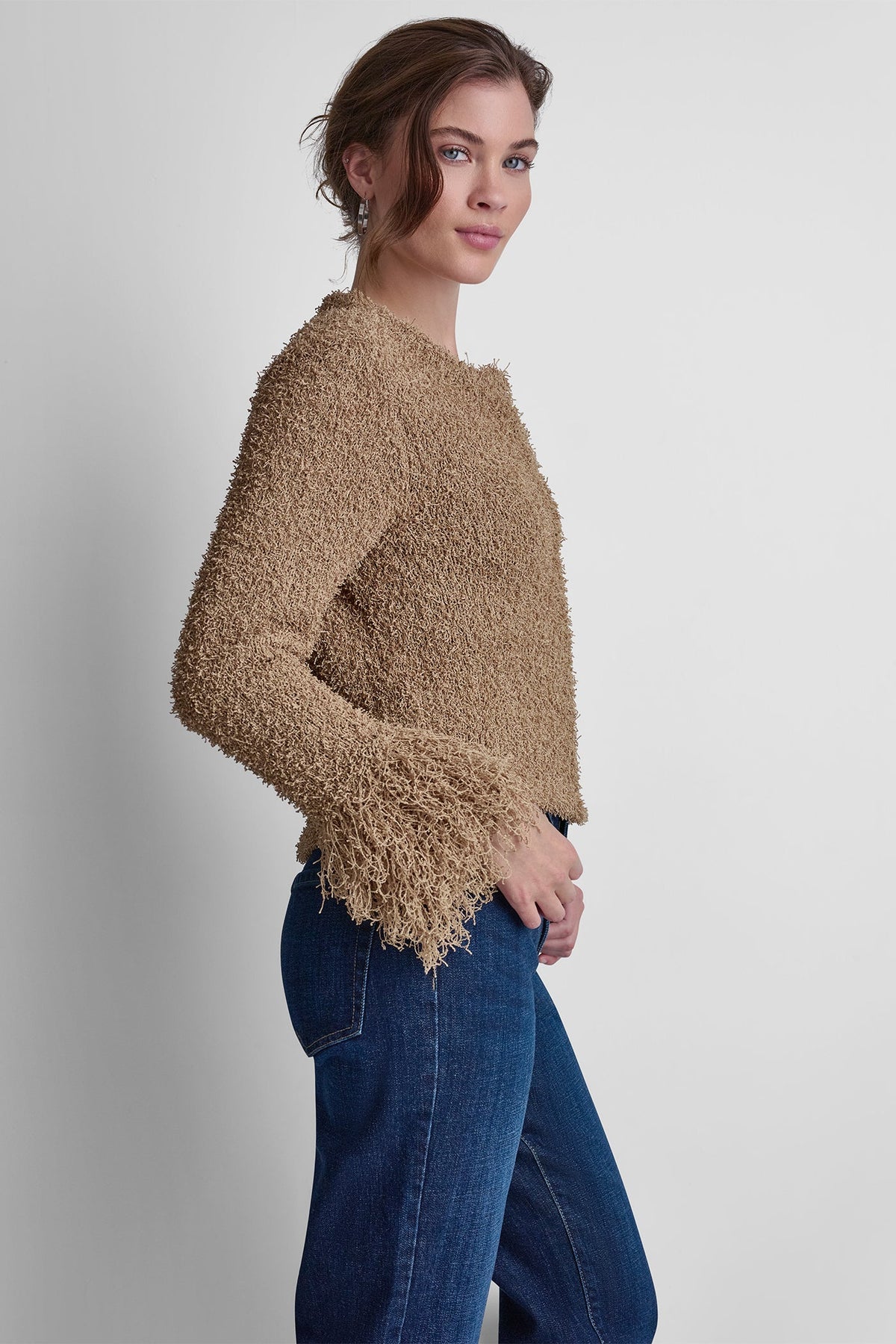 Travertine DKNY LONG SLEEVE FRINGE CARDIGAN