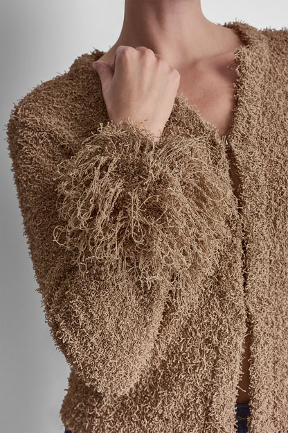 Travertine DKNY LONG SLEEVE FRINGE CARDIGAN