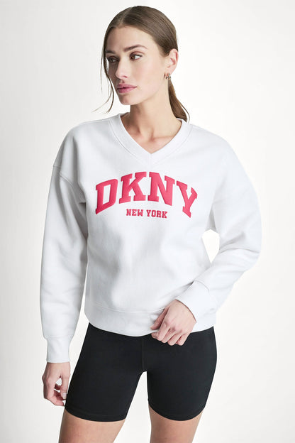 Pearl Grey Heather/Festive Pink DKNY PUFF VARSITY LOGO V-NECK PULLOVER