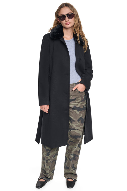 Black DKNY TWILL COAT WITH FUR COLLAR