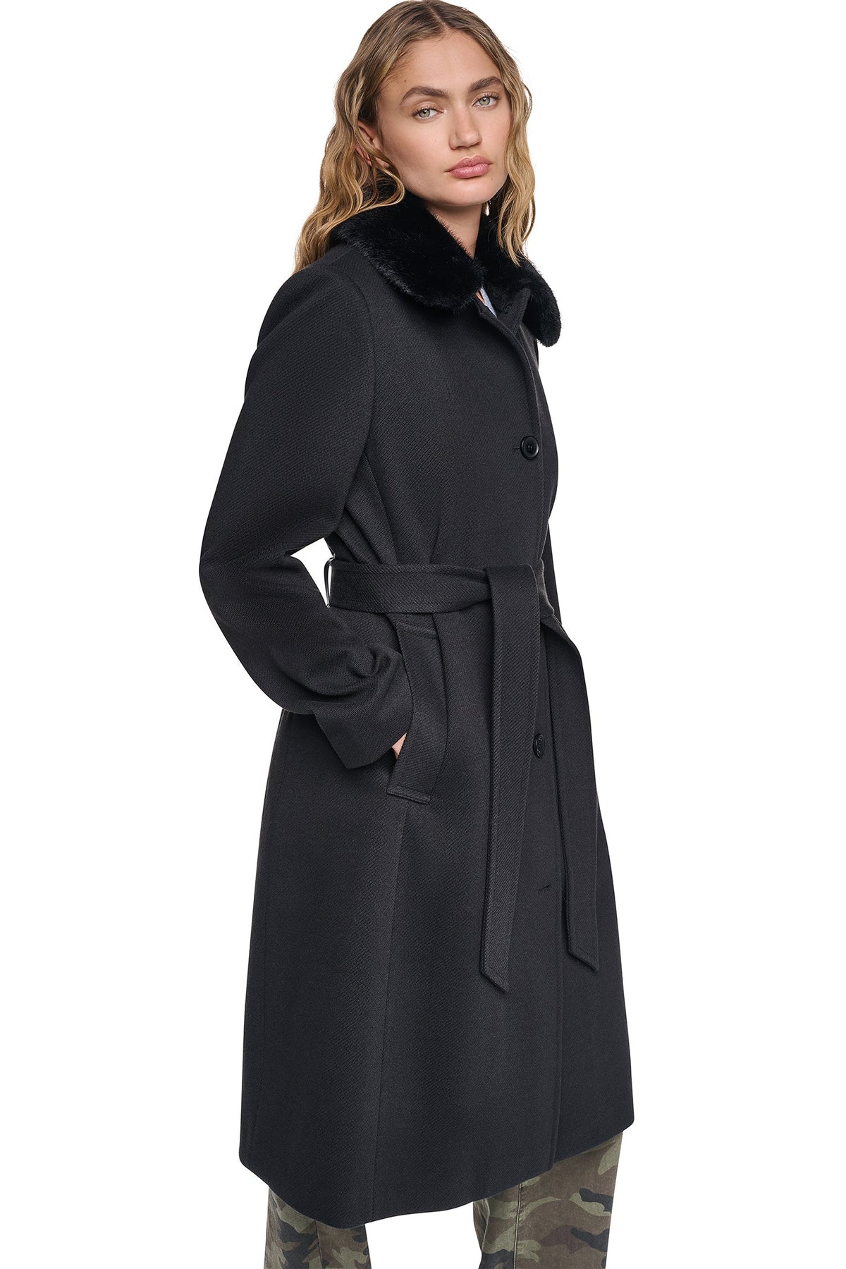 Black DKNY TWILL COAT WITH FUR COLLAR