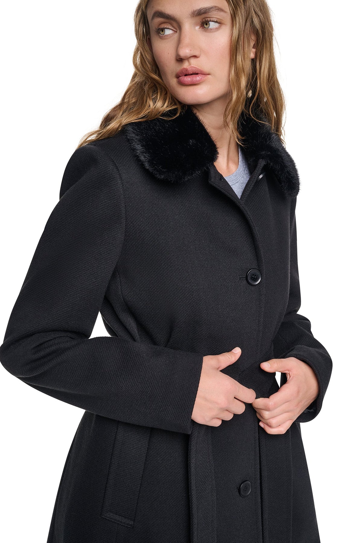 Black DKNY TWILL COAT WITH FUR COLLAR