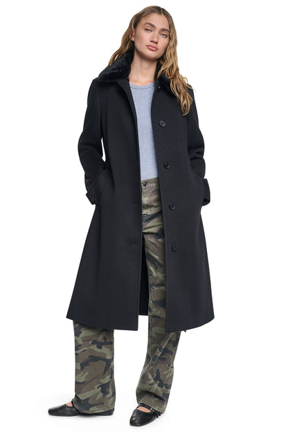 Black DKNY TWILL COAT WITH FUR COLLAR