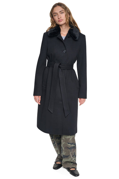 Black DKNY TWILL COAT WITH FUR COLLAR