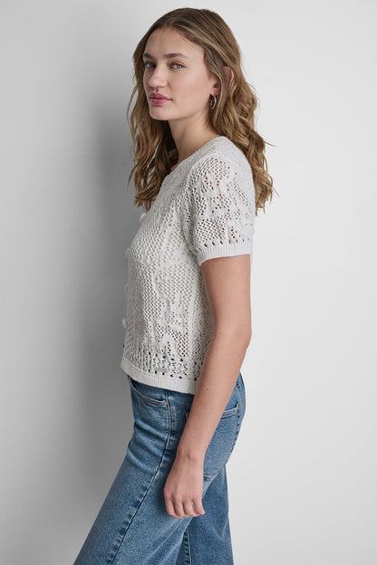 Pink Mist DKNY LACE STITCH BUTTON FRONT CARDIGAN