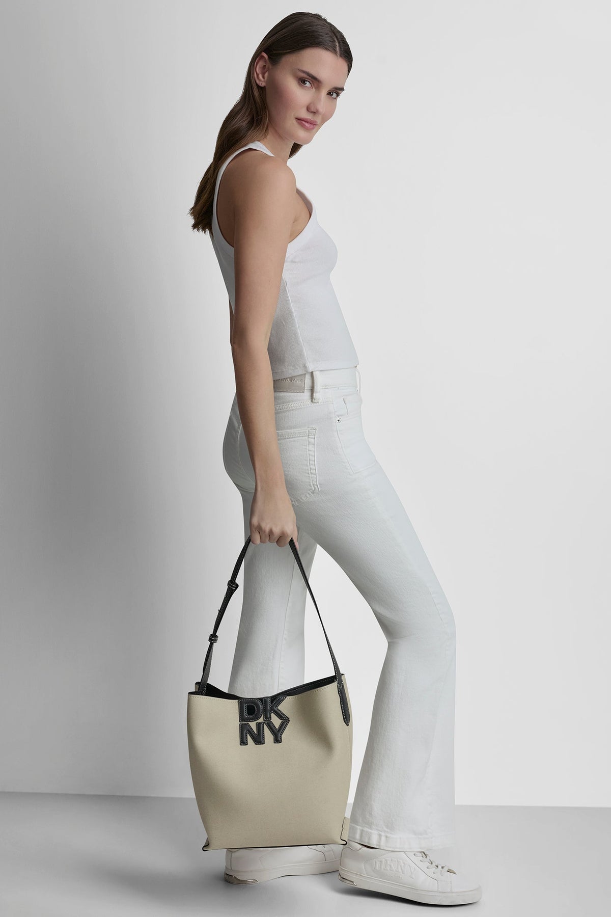 Natural/Black DKNY NICOLE LOGO BUCKET BAG