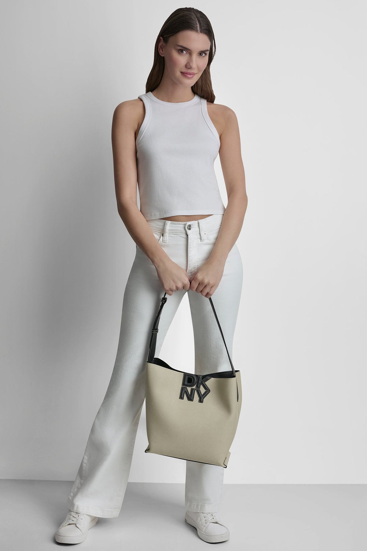 Natural/Black DKNY NICOLE LOGO BUCKET BAG
