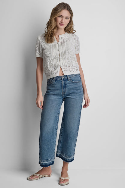 Beet DKNY LACE STITCH BUTTON FRONT CARDIGAN