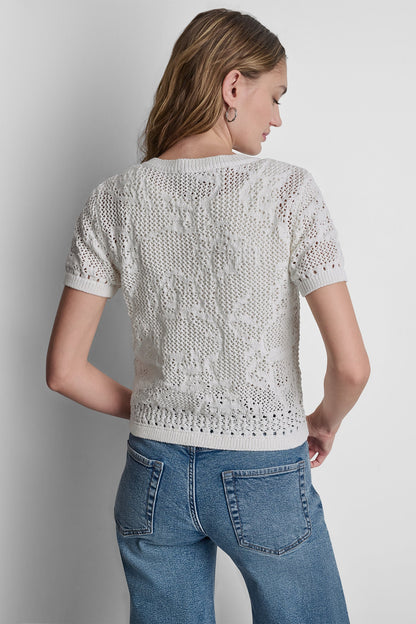 Beet DKNY LACE STITCH BUTTON FRONT CARDIGAN