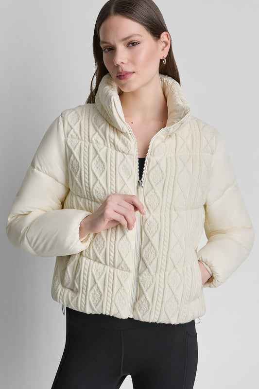 Eggnog DKNY CABLE KNIT MOCK NECK PUFFER JACKET