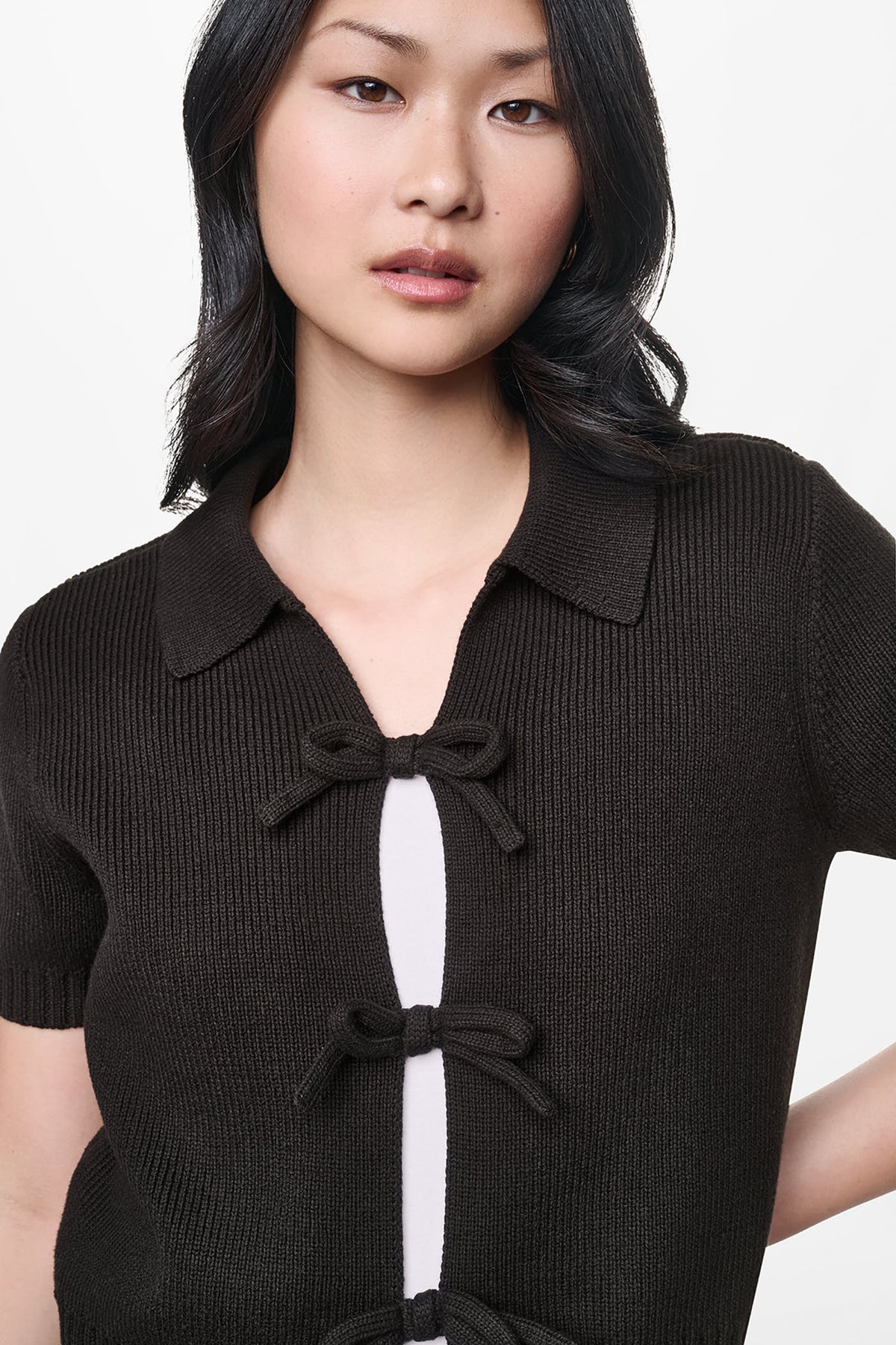 Travertine DKNY SHORT SLEEVE TIE FRONT POLO SWEATER
