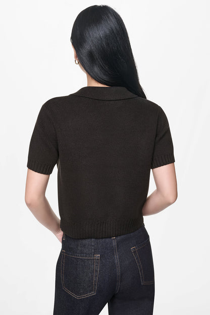 Travertine DKNY SHORT SLEEVE TIE FRONT POLO SWEATER