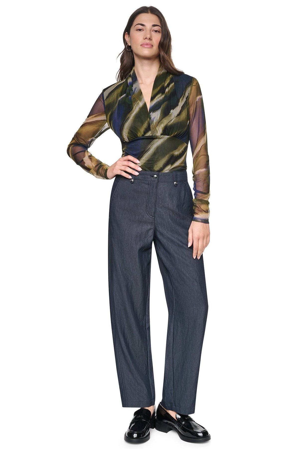 Dark Indigo DKNY MID-RISE WASHED INDIGO WIDE LEG PANT