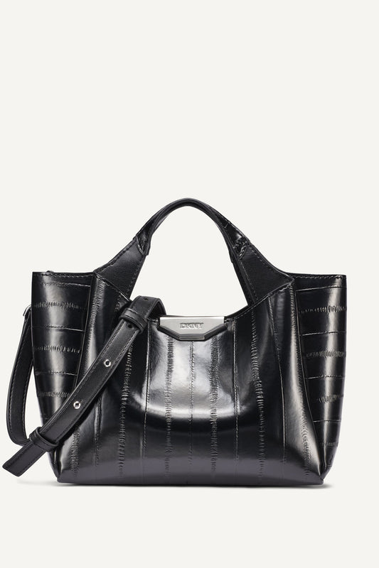 Black/Silver DKNY WILLA MINI RIBBED SATCHEL