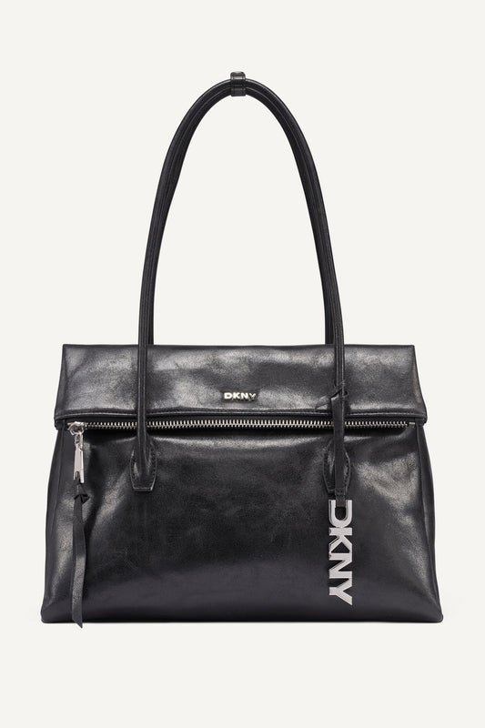 Black/Silver DKNY RIVINGTON LARGE LOGO SATCHEL