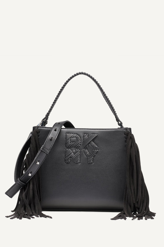 Black/Silver DKNY FOSTER MEDIUM FRINGE SATCHEL