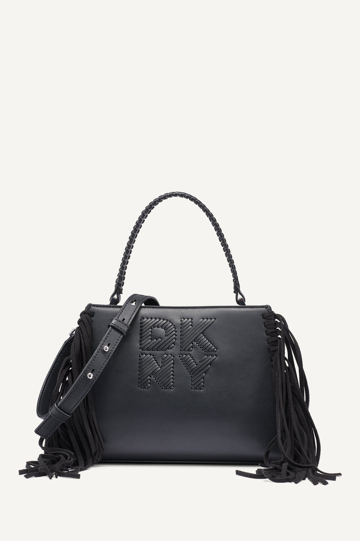 Black/Silver DKNY FOSTER SMALL FRINGE SATCHEL