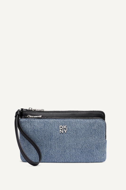 Denim/Black DKNY SARAH DUAL ZIP POUCH WRISTLET